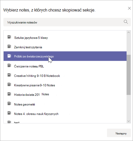Wybierz notes, z którego chcesz skopiować sekcje.