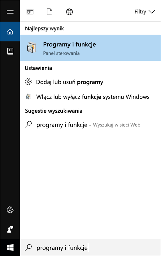 Otwórz menu Start i wpisz nazwę Programy i funkcje