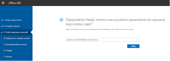 Zrzut ekranu przedstawiający krok opcjonalnych dodatkowych uprawnień nauczyciela.