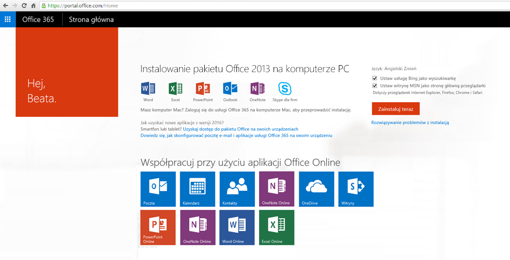 Zrzut ekranu przedstawiający instalowanie usługi Office 365 na komputerze.