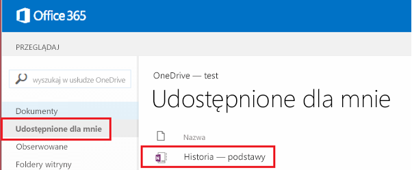 Zrzut ekranu przedstawiający ekran Udostępnione dla mnie.
