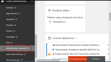 Wybieranie pozycji Zabezpieczenia i zgodność