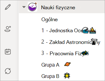 Zrzut ekranu przedstawiający listę kanałów zespołu zajęć.