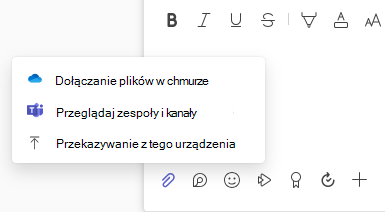 Zrzut ekranu przedstawiający menu Plik załącznika z opcjami przekazywania i pliku w chmurze.