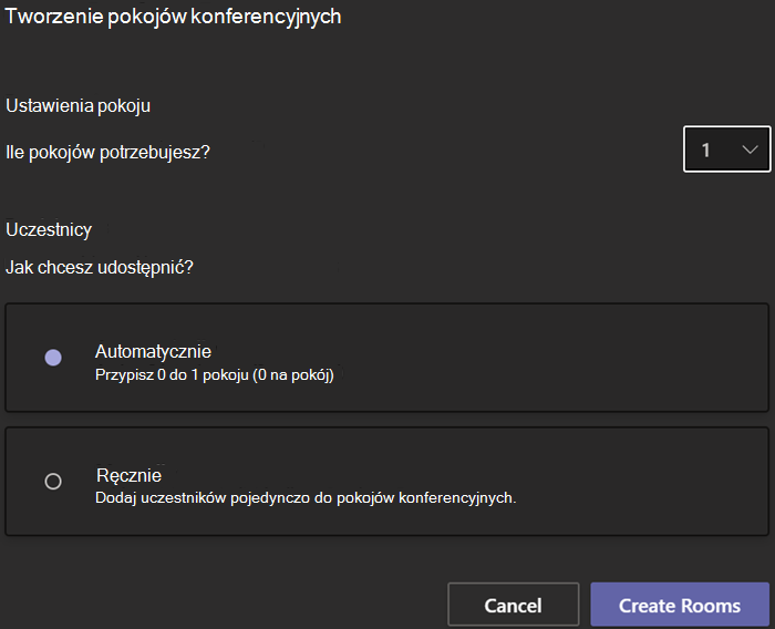 Zrzut ekranu przedstawiający okno dialogowe Tworzenie osobnych pokojów z opcjami liczby pomieszczeń i przypisywania uczestników.
