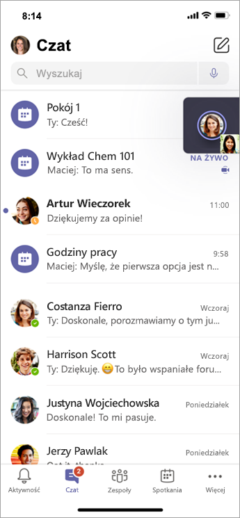 Czat w osobnym pokoju na urządzeniu przenośnym.