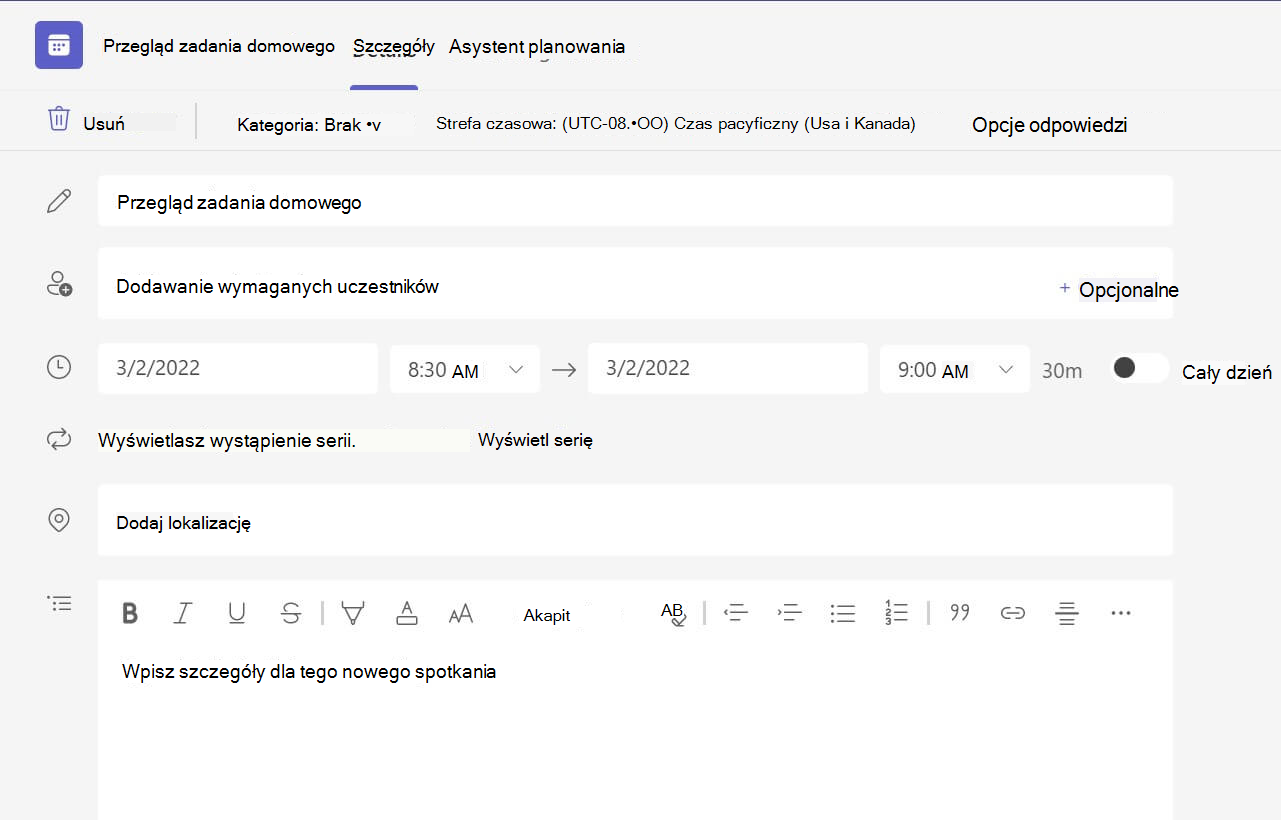 Zrzut ekranu przedstawiający brak szczegółów spotkania w internetowej wersji aplikacji Teams.