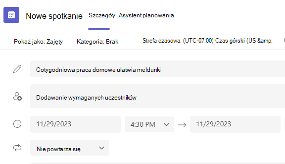 Zrzut ekranu przedstawiający nowe spotkanie.