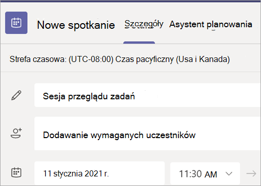 Zrzut ekranu przedstawiający formularz nowego spotkania w aplikacji Teams z polami tytułu, uczestników, daty i godziny.