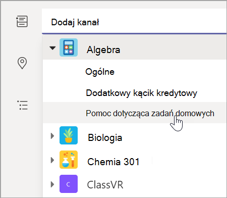 Zrzut ekranu, na którym widać, jak wybrać kanał zespołu dla zajęć.