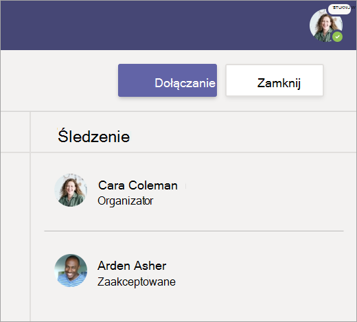 Zrzut ekranu przedstawiający wybieranie pozycji Dołącz w celu dołączenia do spotkania.