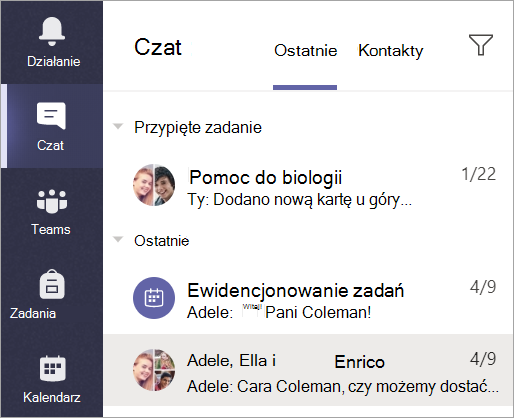 Zrzut ekranu przedstawiający wybieranie opcji Chat na pasku aplikacji.