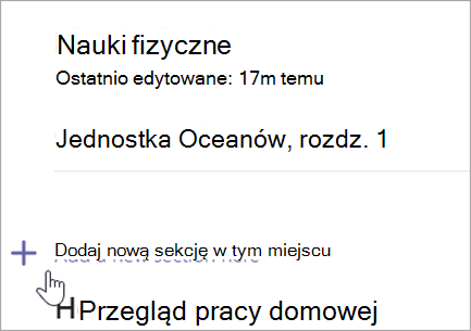 Zrzut ekranu przedstawiający stronę notesu zajęć z opcją dodania nowej sekcji.