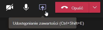 Zrzut ekranu przedstawiający przycisk Udostępnij zawartość na pasku sterowania spotkaniem w aplikacji Teams.