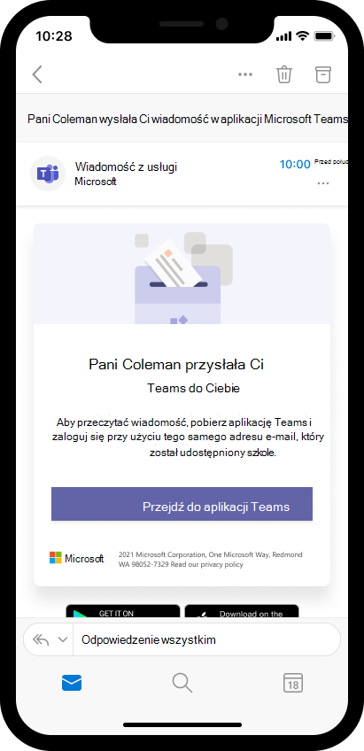 Zrzut ekranu przedstawiający wiadomość e-mail na urządzeniu przenośnym z zaproszeniem rodzica do otwarcia wiadomości dla nauczycieli w aplikacji Teams.