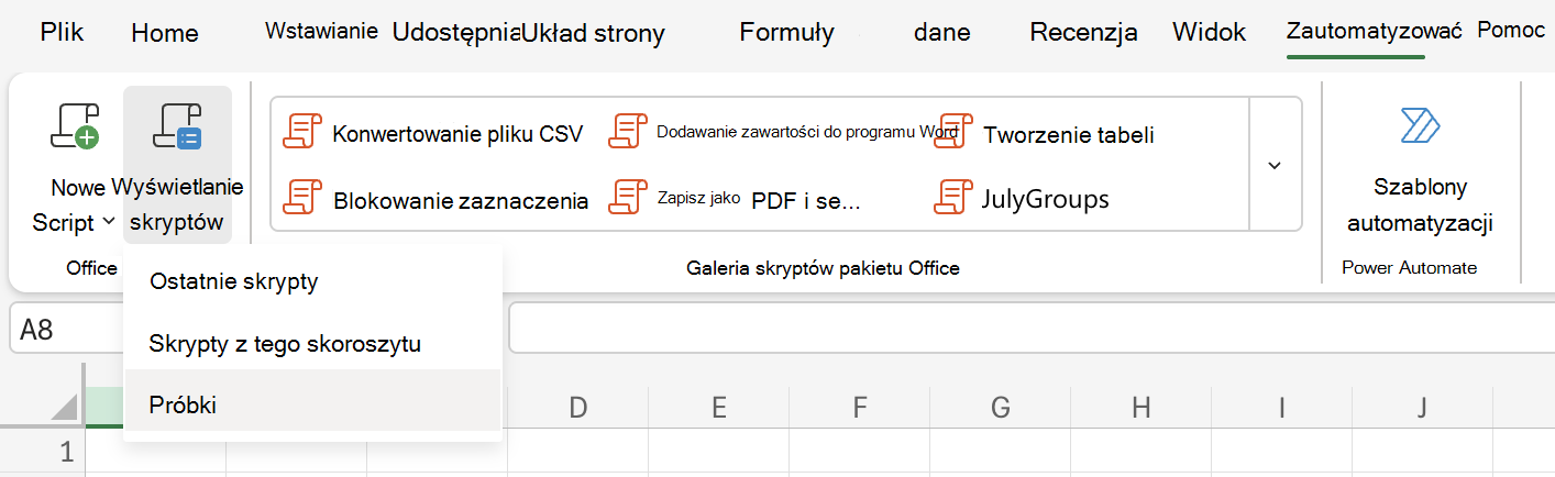 Wybierz pozycję Automatyzuj, aby wyświetlić opcje skryptów pakietu Office.