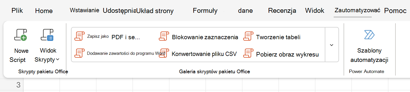 Wybierz pozycję Automatyzuj, aby wyświetlić opcje skryptów pakietu Office.