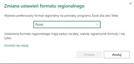 Okno dialogowe Zmienianie ustawień formatu regionalnego