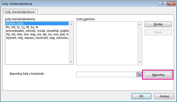 Importowanie listy niestandardowej