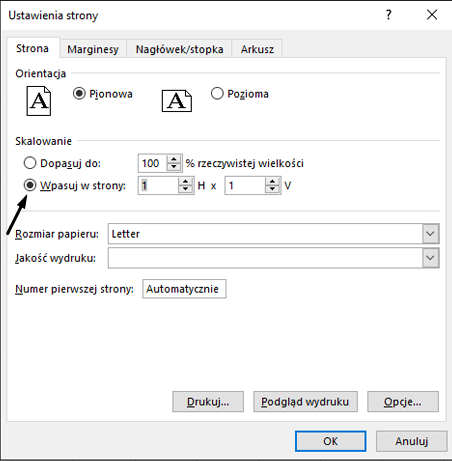 Zdefiniuj opcję Dopasuj do w oknie dialogowym Ustawienia strony.
