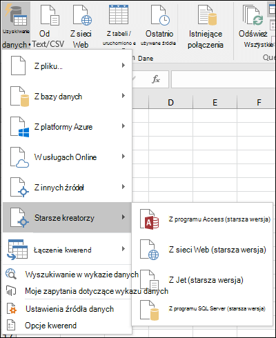 Uzyskaj & opcje przekształć starsze menu
