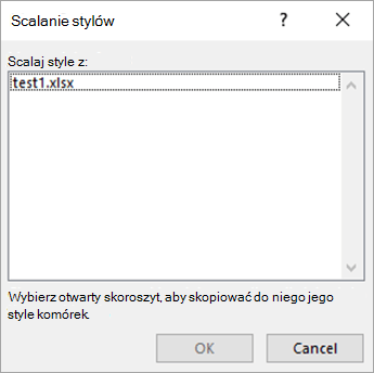 Wybieranie skoroszytu w oknie dialogowym Scalanie stylów