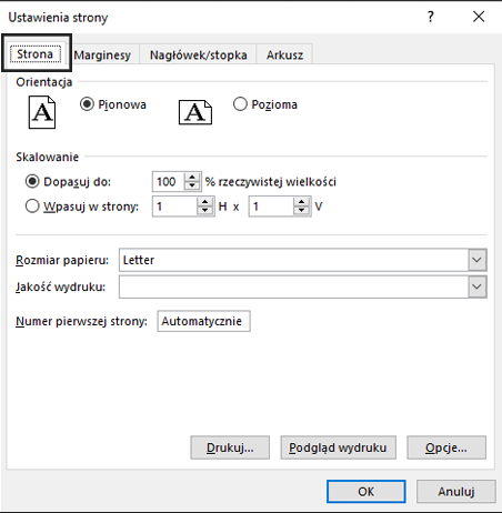 Okno dialogowe Ustawienia strony