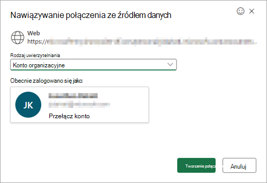 Pokazuje okno Połącz ze źródłem danych z listą rozwijaną umożliwiającą wybranie typu uwierzytelniania.