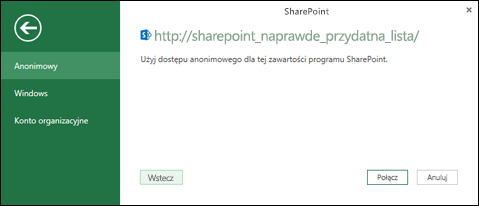 Program Excel Power Query nawiązywanie połączenia z listą programu SharePoint Okno dialogowe Nawiązywanie połączenia