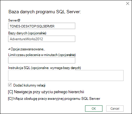 Power Query SQL Server Okno dialogowe Połączenie z bazą danych
