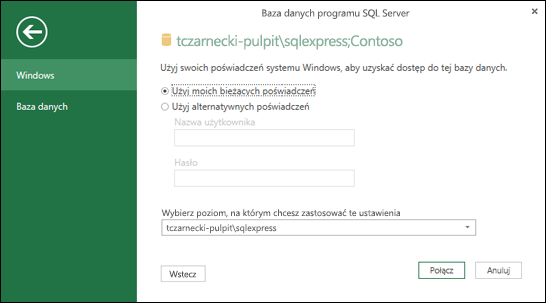 Poświadczenia logowania połączenia Power Query SQL Server