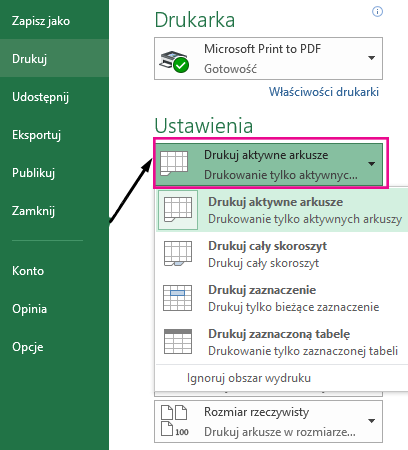 W menu rozwijanym Ustawienia określ, co ma być drukowane.