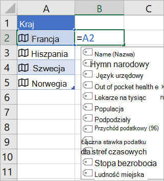 Komórka A2 zawiera Francję; Komórka B2 zawiera formułę =A2. Zostanie wyświetlone menu autouzupełniania formuł z polami z połączonego rekordu