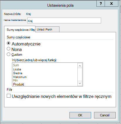 Sumy częściowe & karcie Filtry w oknie dialogowym Ustawienia pola