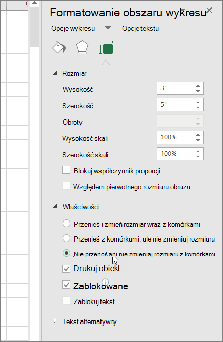 Zrzut ekranu przedstawiający okienko Właściwości w okienku Formatowanie obszaru wykresu.