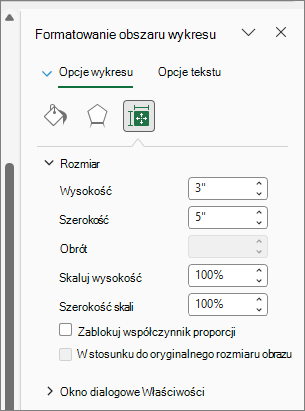 Zrzut ekranu przedstawiający dopasowywanie rozmiaru wykresu w oknie dialogowym Formatowanie obszaru wykresu.