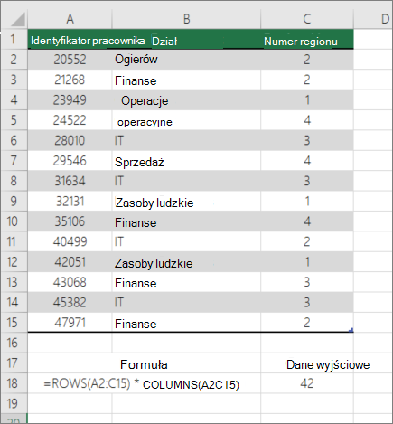 Przykład funkcji WIERSZE i KOLUMNY do zliczania komórek w zakresie