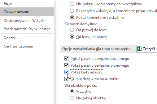 Opcje pokazywania kart arkuszy w programie Excel