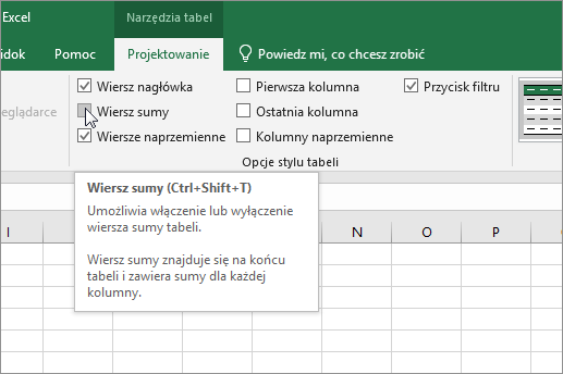 Opcja wiersz sumy na karcie Projektowanie