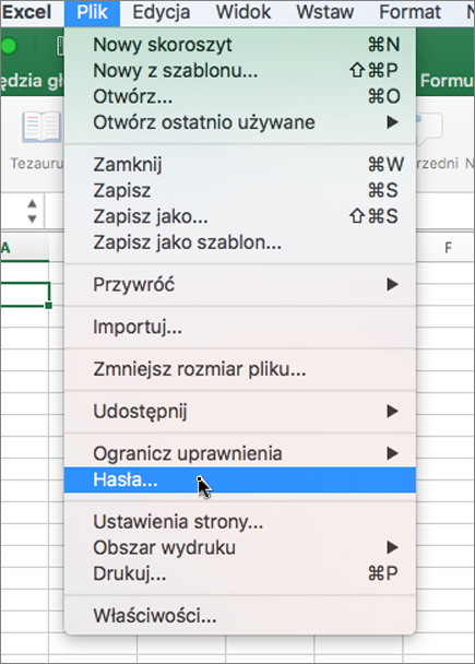 Opcja Hasło w menu Plik