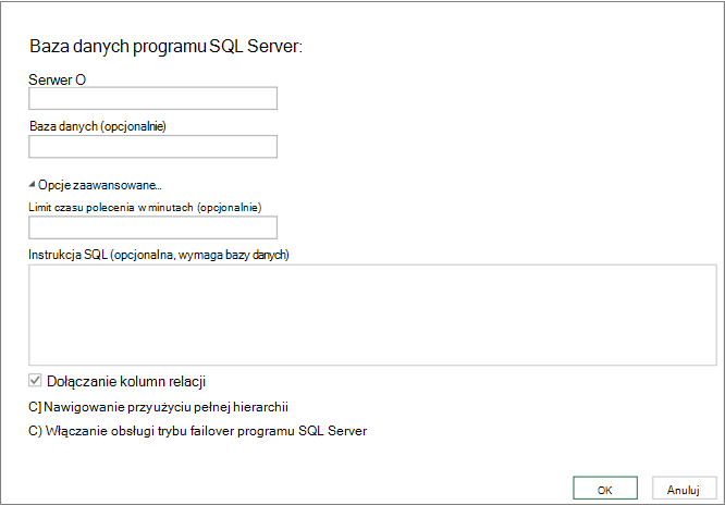 Okno dialogowe Baza danych programu SQL Server