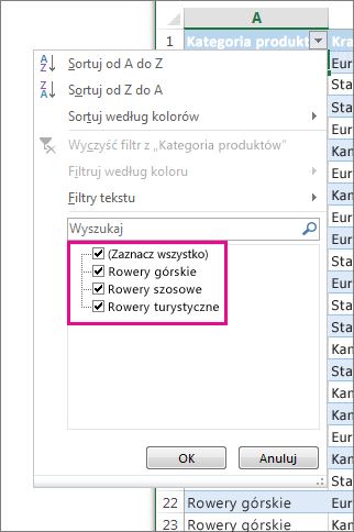 Filtrowanie według elementów wybranych z listy