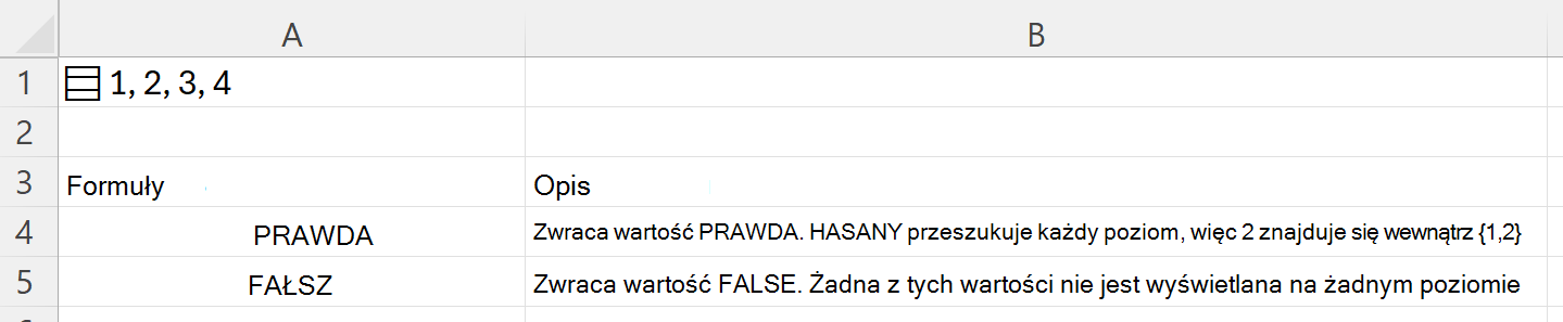 Korzystanie z funkcji HASANY do wyszukiwania wewnątrz zagnieżdżonej tablicy przechowywanej w pojedynczej komórce