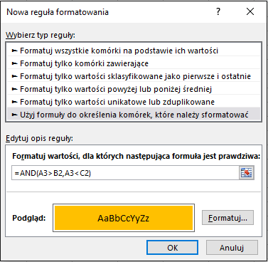Formatowanie warunkowe > Okno dialogowe Edytuj regułę z wyświetloną metodą Formuła