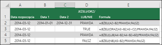 Przykłady użycia funkcji JEŻELI z funkcjami ORAZ, LUB i NIE do oceny dat