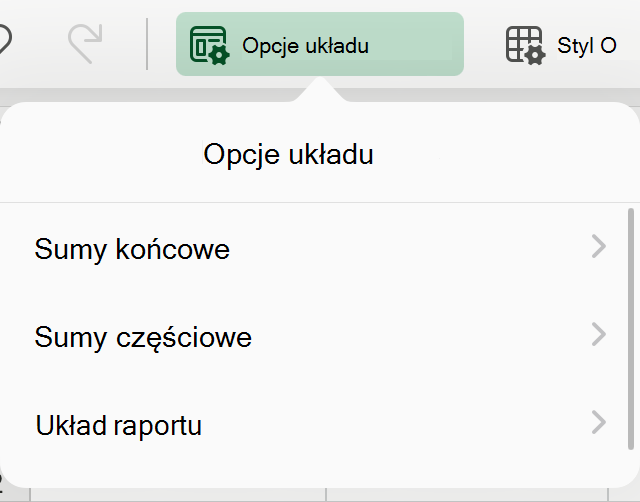 Menu rozwijane układu tabeli przestawnej na tablecie iPad.