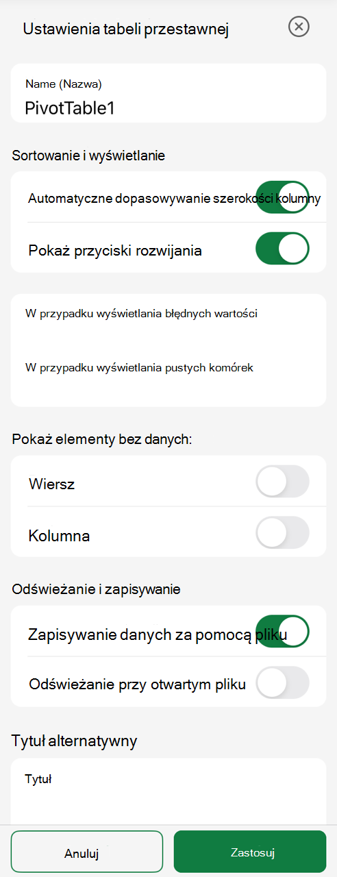 Okienko ustawień tabeli przestawnej na tablecie iPad