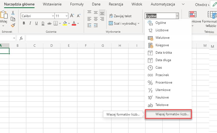 Menu Format liczb z wyróżnioną opcją Więcej formatów liczb.