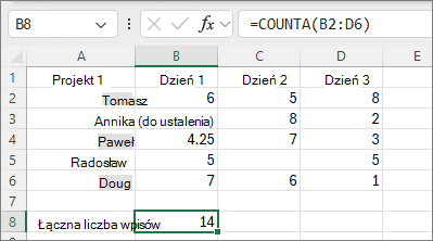 Zrzut ekranu przedstawiający funkcję ILE.NIEPUSTYCH.