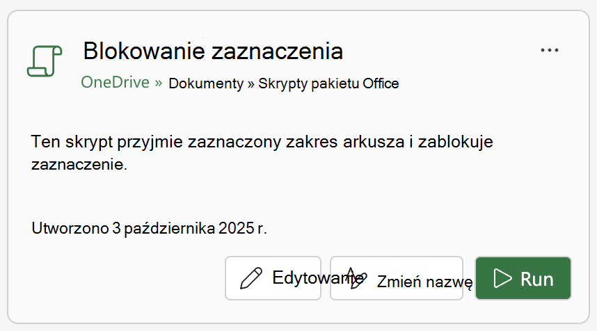 Wybierz pozycję Uruchom na karcie Skrypt pakietu Office, aby uruchomić skrypt.